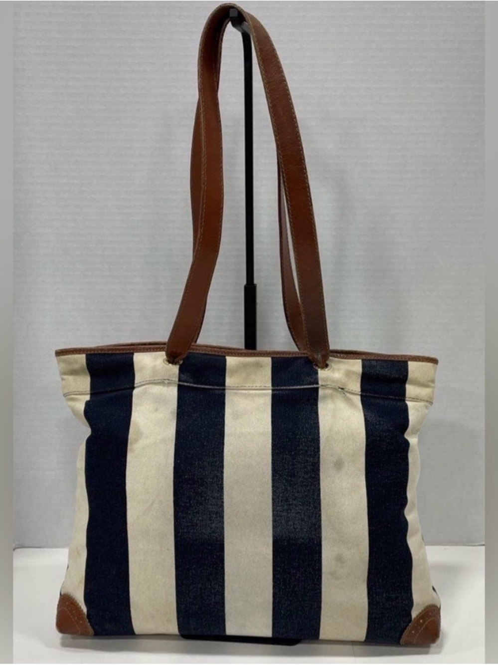 Fendi Navy and Cream Striped Canvas Tote with Brown Leather Trim - Picture 2 of 4